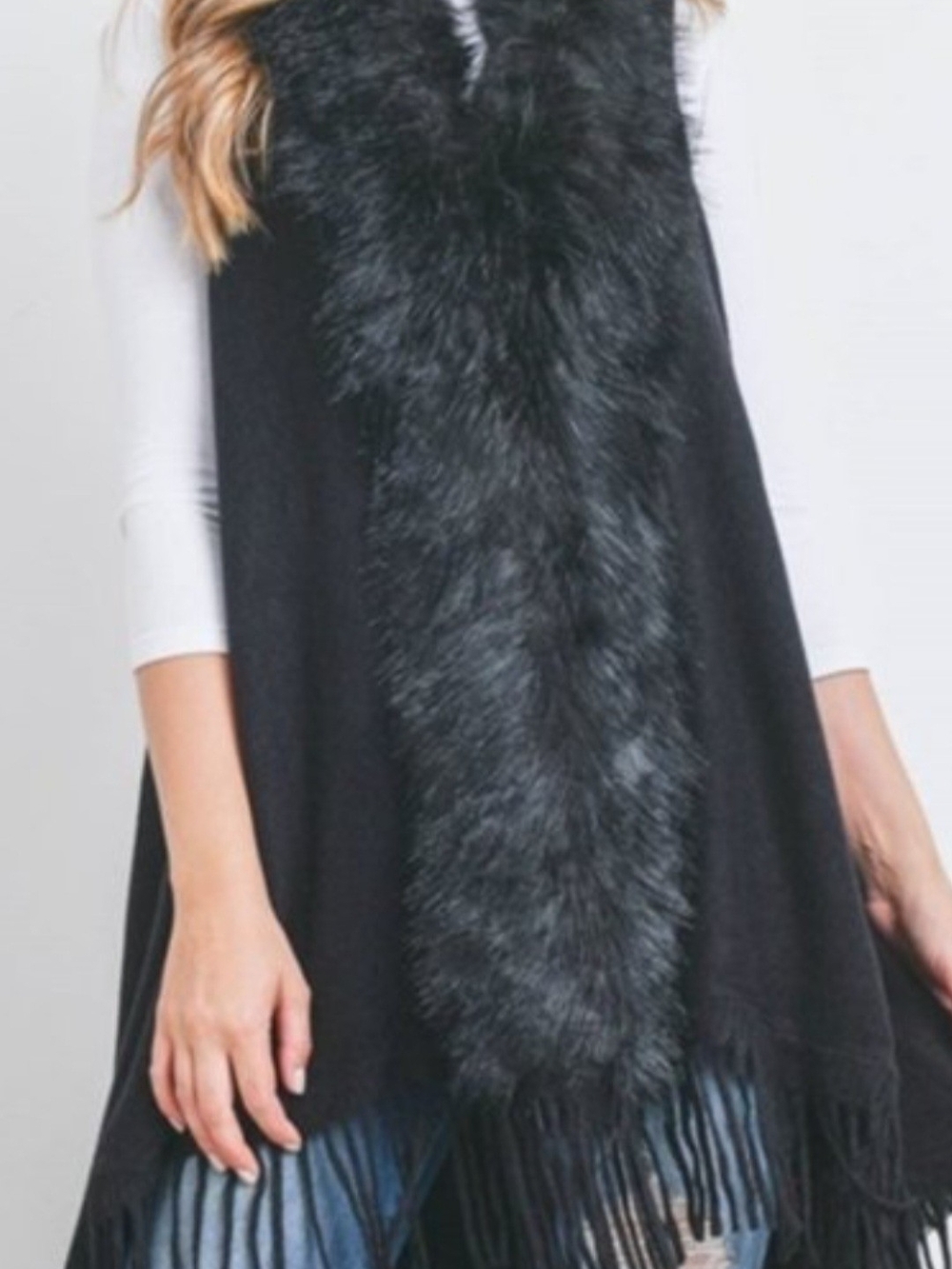 Origami Black Faux Fur Trim Fringe Sweater Vest - Women's Accessory